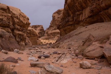 Ürdün 'deki Wadi Rum Çölü. Günbatımında. Kum tepeciğindeki güzel kum desenli panorama. Ürdün 'deki çöl manzarası.