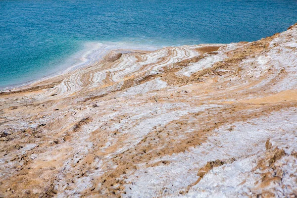 Vista Costa Mar Morto Pôr Sol Jordânia Cristais Sal Pôr — Fotografia de Stock