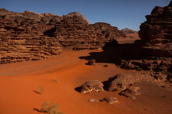 Wadi Rum Woestijn Jordanië Zonsondergang Panorama Van Prachtig Zandpatroon Duin — Stockfoto