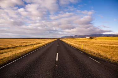 İzlanda 'ya giden yol. Yol ve araba manzaralı ve gün batımlı. Yolculuk konsepti. Araba yolculuğu macerası. Seyahat konsepti. Özgürlük.