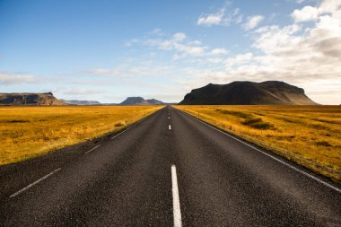 İzlanda 'ya giden yol. Yol ve araba manzaralı ve gün batımlı. Yolculuk konsepti. Araba yolculuğu macerası. Seyahat konsepti. Özgürlük.