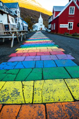 Doğu İzlanda 'daki küçük Seydisfjordur kasabasının manzarası. Resimli kırsal kasaba. İzlanda 'nın güzel manzarası.
