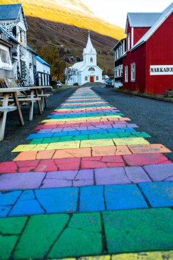 Doğu İzlanda 'daki küçük Seydisfjordur kasabasının manzarası. Resimli kırsal kasaba. İzlanda 'nın güzel manzarası.