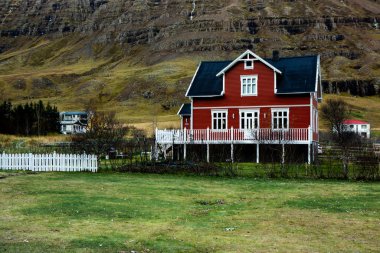 Doğu İzlanda 'daki küçük Seydisfjordur kasabasının manzarası. Resimli kırsal kasaba. İzlanda 'nın güzel manzarası.