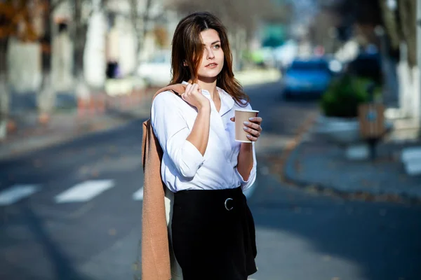 Young Stylish Woman Drinking Tea City Street Hipster European Girl — Stock Photo, Image