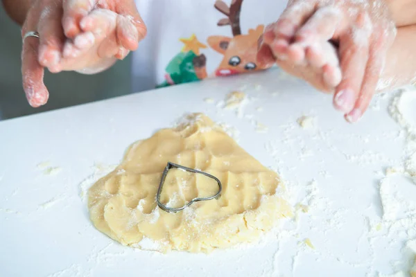 Família Cozinhar Bolos Caseiros Mães Crianças Mãos Segurando Cortadores Biscoitos — Fotografia de Stock