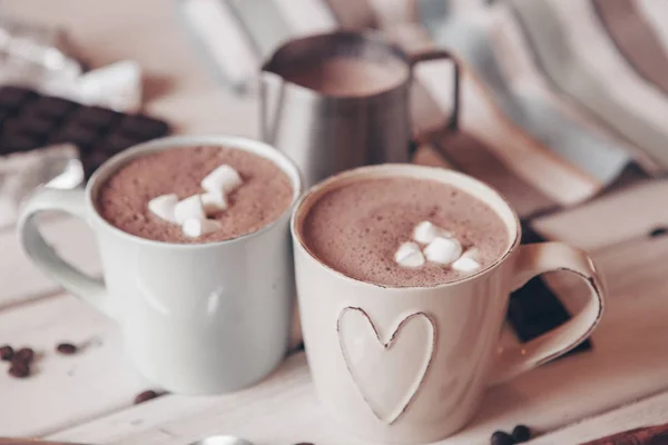Two Cups Hot Cocoa Marshmallows Cinnamon Sticks Wooden Background Love — Stock Photo, Image