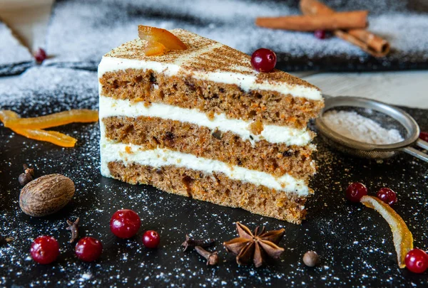 Vegan, raw carrot cake. Healthy food. Grey stone background Top View Copy space. Selective focus. Slice of cake. Healthy Homemade