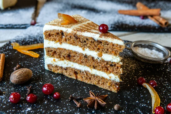 Vegan, raw carrot cake. Healthy food. Grey stone background Top View Copy space. Selective focus. Slice of cake. Healthy Homemade