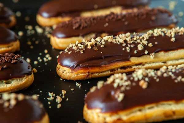 Traditional French Eclairs Chocolate Tasty Dessert Home Made Cake Eclairs — 图库照片