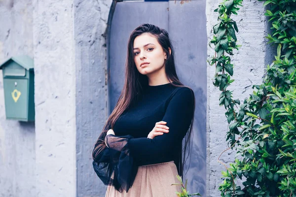 Modeporträt Der Stilvollen Hübschen Brünette Junge Frau Freien Coole Hipster — Stockfoto