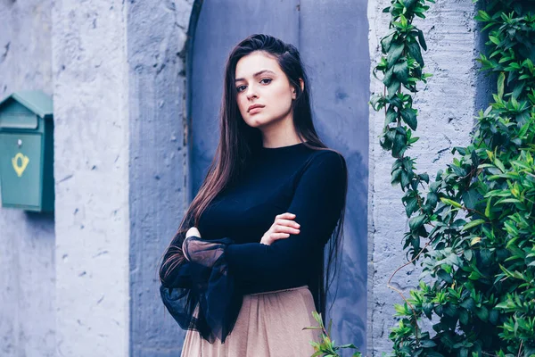 Modeporträt Der Stilvollen Hübschen Brünette Junge Frau Freien Coole Hipster — Stockfoto