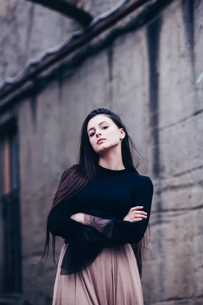 Modeporträt Der Stilvollen Hübschen Brünette Junge Frau Freien Coole Hipster — Stockfoto