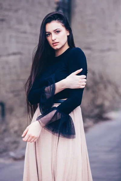 Modeporträt Der Stilvollen Hübschen Brünette Junge Frau Freien Coole Hipster — Stockfoto