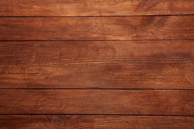 Düğümlü ve tırnak delikli klasik kahverengi ahşap arka plan dokusu. Eski boyalı ahşap duvar. Kahverengi soyut arka plan. Klasik, koyu renk, yatay tahtalar. Kopya alanı ile ön görünüm. Tasarım için arkaplan.