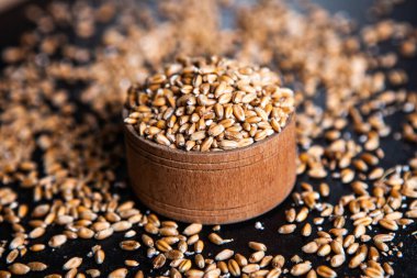 Tam tahıllı un izole edilmiş. Arkaplan dokusu olarak buğday taneleri, üst görünüm.