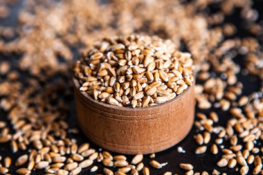 Tam tahıllı un izole edilmiş. Arkaplan dokusu olarak buğday taneleri, üst görünüm.