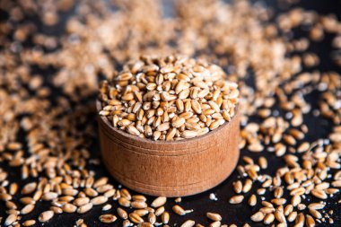 Tam tahıllı un izole edilmiş. Arkaplan dokusu olarak buğday taneleri, üst görünüm.