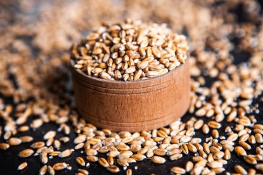 Tam tahıllı un izole edilmiş. Arkaplan dokusu olarak buğday taneleri, üst görünüm.