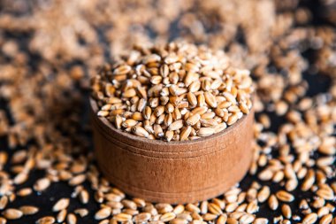 Tam tahıllı un izole edilmiş. Arkaplan dokusu olarak buğday taneleri, üst görünüm.