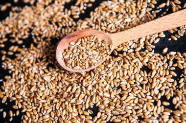 Bir kase mısır gevreği. Çeşitli doğal tahıl ve tahıllar. Siyah arka planda kaselerdeki farklı Groats tipleri. Sağlıklı besin.