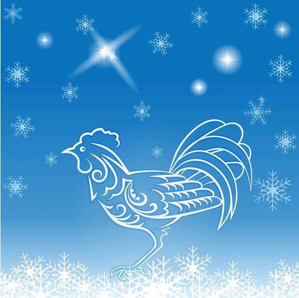Tarjeta vectorial de Año Nuevo con copos de nieve. 2017 año de gallo. Fondo azul con juguete de gallo para árbol de Navidad . — Vector de stock