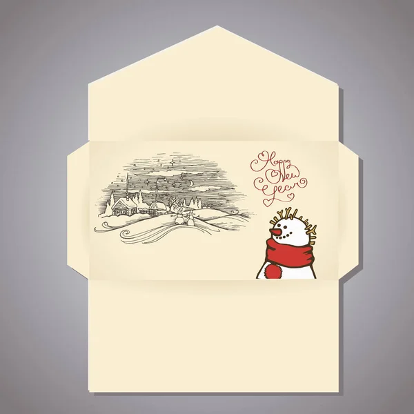 Modèle d'enveloppe de Noël avec bonhomme de neige portant une écharpe et une image vectorielle du paysage du village d'hiver au style de gravure — Image vectorielle