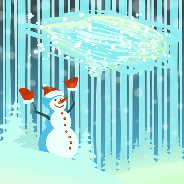 Illustration einer abstrakten Weihnachtsgrußkarte mit Schneemann und Schneesturmblase für Text auf winterlichem Hintergrund. — Stockvektor