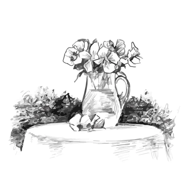 Un ramo de flores en un jarrón sobre la mesa. Arte vectorial — Vector de stock