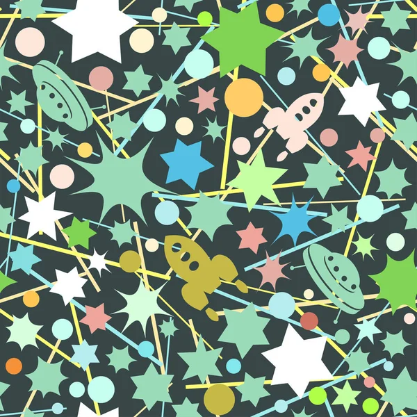 Patrón de espacio sin fisuras con estrellas, puntos y cohetes — Vector de stock