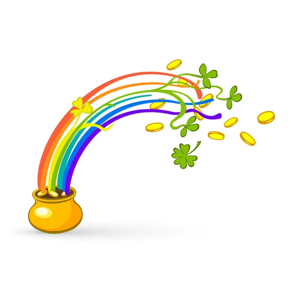 Arco iris, hoja verde trébol de la suerte y olla llena de oro. Ilustración vectorial — Archivo Imágenes Vectoriales