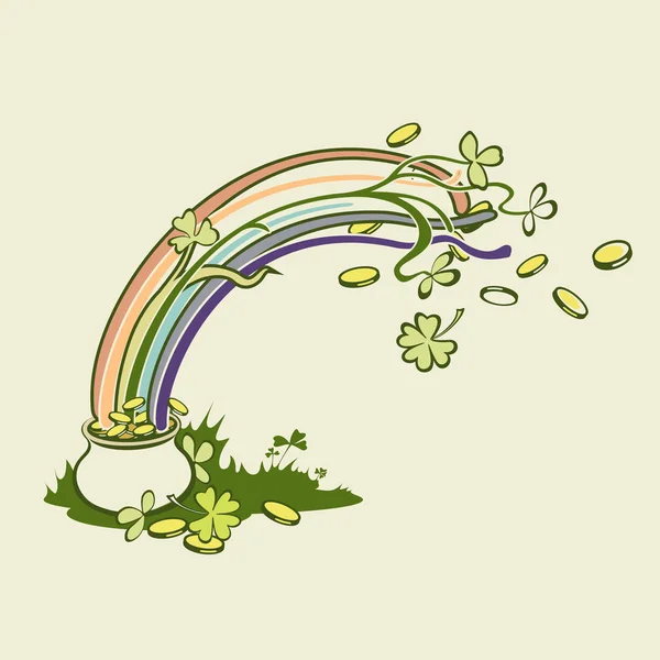 Arco iris, hoja verde trébol de la suerte y olla llena de oro. Ilustración vectorial — Vector de stock