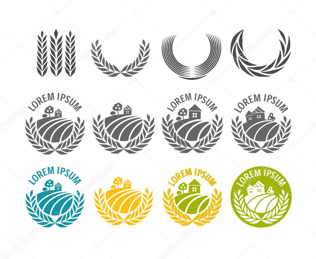 Set of agricultural industry logos with circle of spikelets isolated on white background, vector illustration