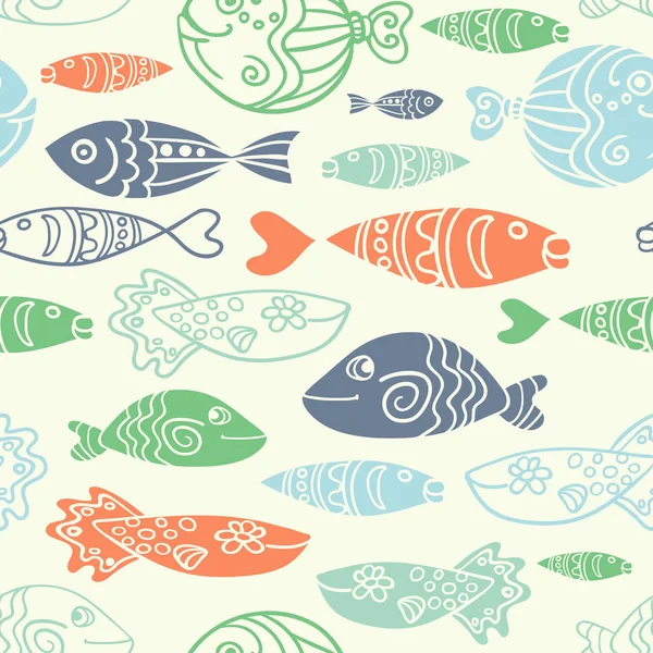 Векторный бесшовный узор с нарисованными вручную забавными рыбками в стиле эскиза. Декоративное бесконечное морское происхождение. Дизайн ткани . — стоковый вектор
