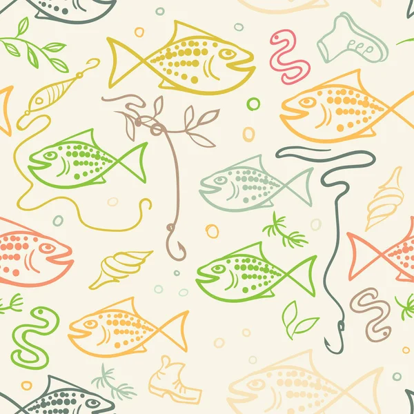 Patrón sin costura vectorial con peces divertidos dibujados a mano en estilo de boceto. Fondo marino interminable decorativo. Diseño de tela . — Archivo Imágenes Vectoriales