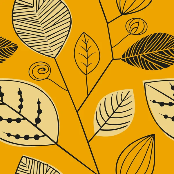 Vektor varrat nélküli mintát sziluettek a levelek. Minta hagy skandináv stílusú sárga háttérrel — Stock Vector