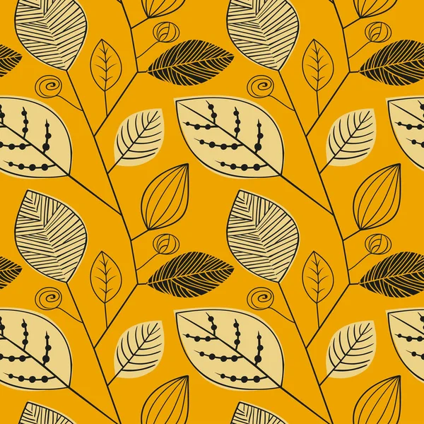 Vector seamless pattern with silhouettes of leaves. Pattern of leaves Scandinavian style on a yellow background — Stock Vector