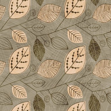 Vektör yaprak siluetleri ile Dikişsiz vintage desen. Desen İskandinav tarzı bej renkli bir arka plan üzerinde bırakır.