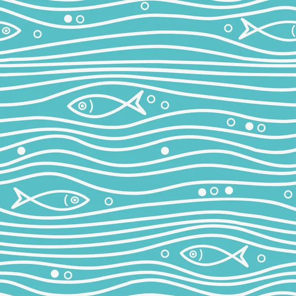 Modèle simple bleu sans couture avec des poissons et des vagues simples. Vecteur simple fond marin . — Image vectorielle