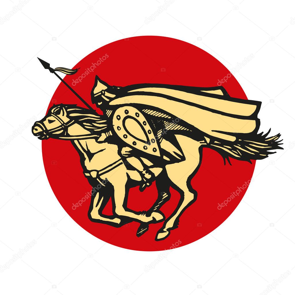 Galloping knight with spear in red circle, vector illustration