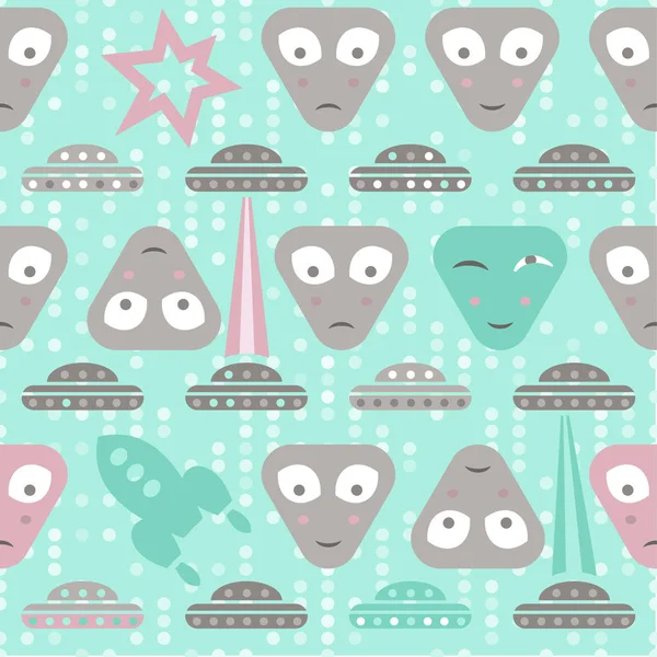 Simple aliens and UFO in vintage style, vector seamless pattern