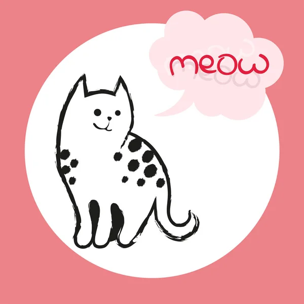 Ilustração de cor vetorial do esboço desenhado à mão de gato com miau de texto em bolha de fala de forma de nuvem.Personagem de gato de desenhos animados. Ilustração vetorial — Vetor de Stock