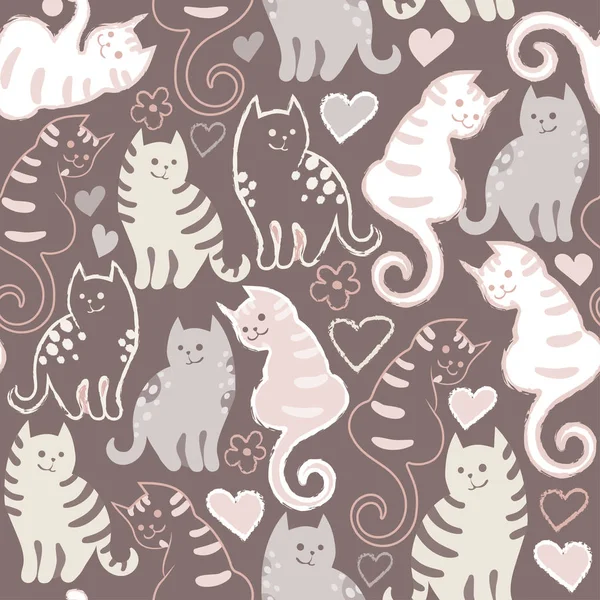 Patrón sin costuras con lindos gatos garabatos de dibujos animados sobre fondo marrón. Pequeños gatitos coloridos. Animales graciosos. Ilustración de niños. Imagen vectorial . — Vector de stock