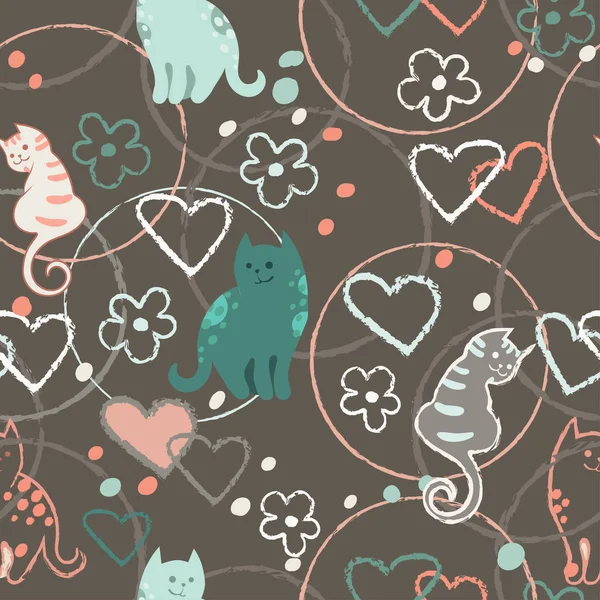 Padrão sem costura com bonito desenhos animados doodle gatos no fundo marrom. Pequenos gatinhos coloridos. Animais engraçados. Ilustração infantil. Imagem vetorial . — Vetor de Stock