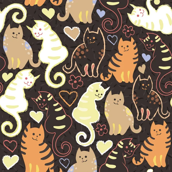 Padrão sem costura com bonito desenhos animados doodle gatos no fundo marrom. Pequenos gatinhos coloridos. Animais engraçados. Ilustração infantil. Imagem vetorial . —  Vetores de Stock