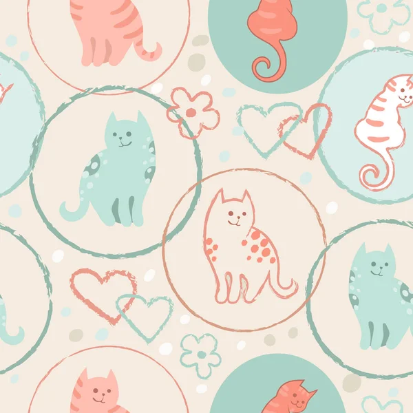 Padrão sem costura com bonito desenhos animados doodle gatos no fundo bege. Pequenos gatinhos coloridos. Animais engraçados. Ilustração infantil. Imagem vetorial . — Vetor de Stock