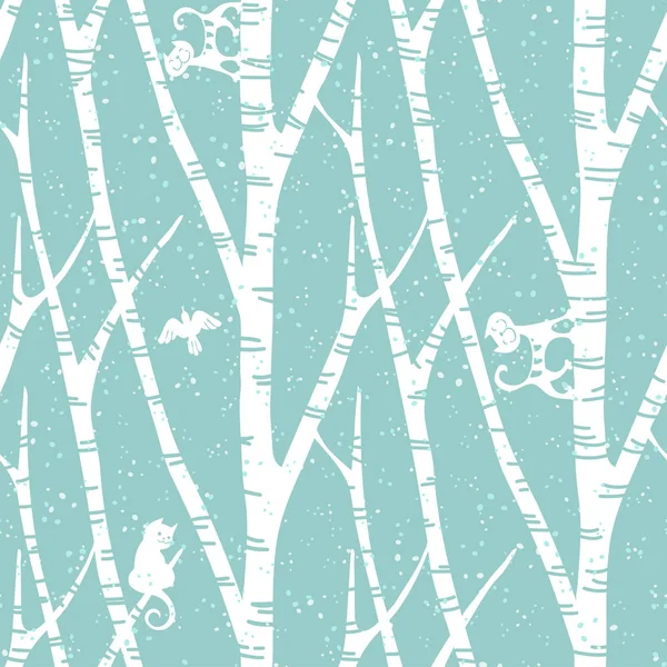 Nahtlos trendiges Muster mit abstrakten Birken, Katzen und Vögeln. Blumen Vintage Tapete. fanny vektorillustration — Stockvektor
