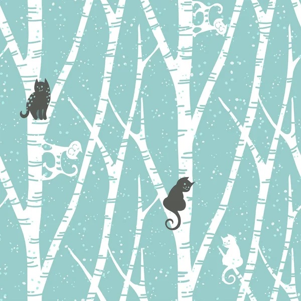 soyut huş ağaçları, kediler ve kar ile Seamless trendy modeli. Çiçek kış duvar kağıdı. Fanny vektör çizim