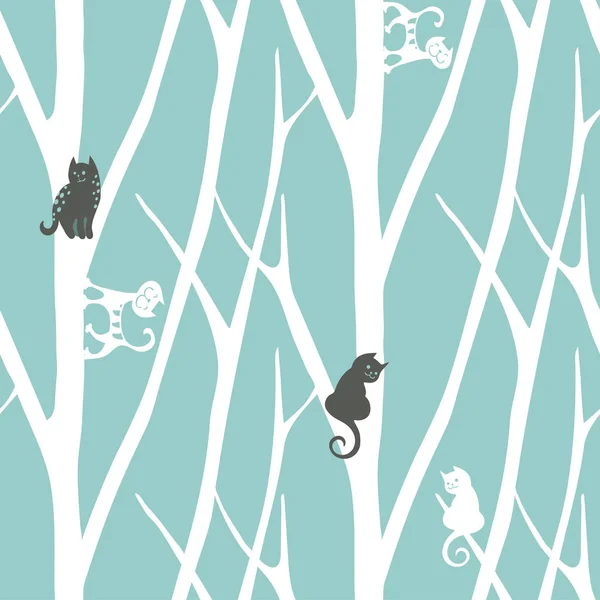 Безморщинистый узор с деревьями и кошками. Цветочные винтажные обои. Фанни-векторная иллюстрация — стоковый вектор