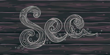 Deniz. Parmak izi ifade ile çizim vektör. Modern elle çizilmiş yazı koyu woodern modern arka planda yazdırma... Vektör tasarım öğesi seyahat şirketi için. Deniz. Vektör ifade ile parmak izi çizimi